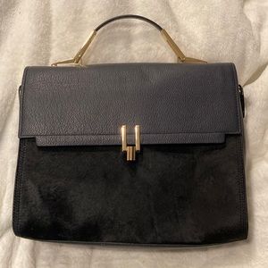 Pour La Victoire midnight blue leather and calf hair handbag